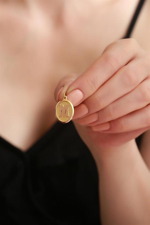 14K Solid Gold M Letter Oval Pendant
