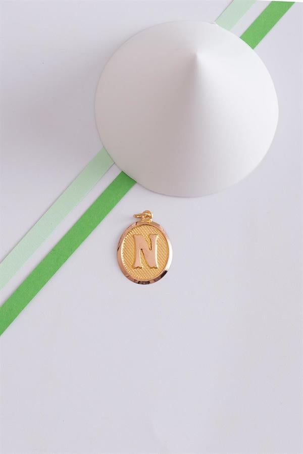 14K Solid Gold N Letter Oval Pendant