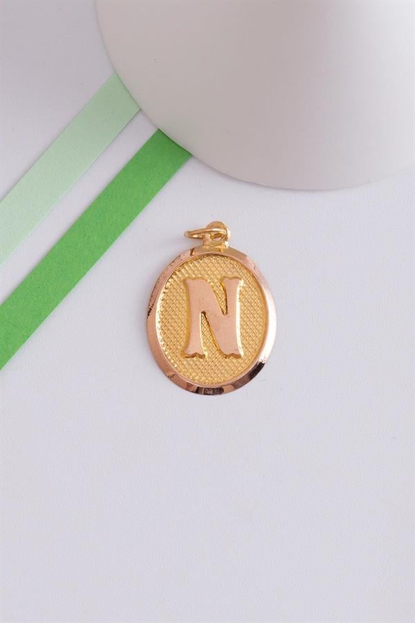14K Solid Gold N Letter Oval Pendant