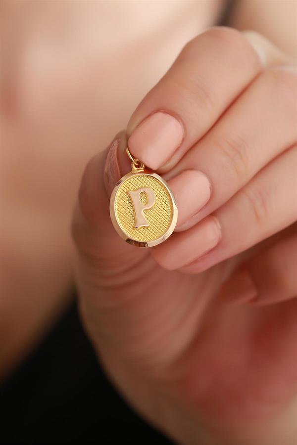 14K Solid Gold P Letter Oval Pendant