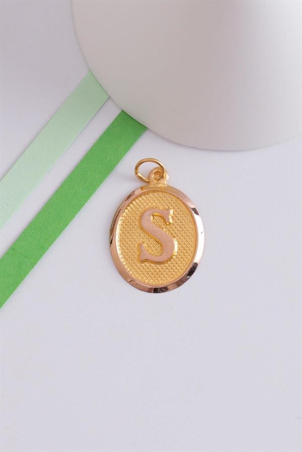 14K Solid Gold S Letter Oval Pendant