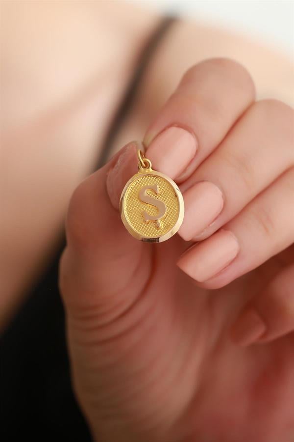 14K Solid Gold Letter S Oval Pendant