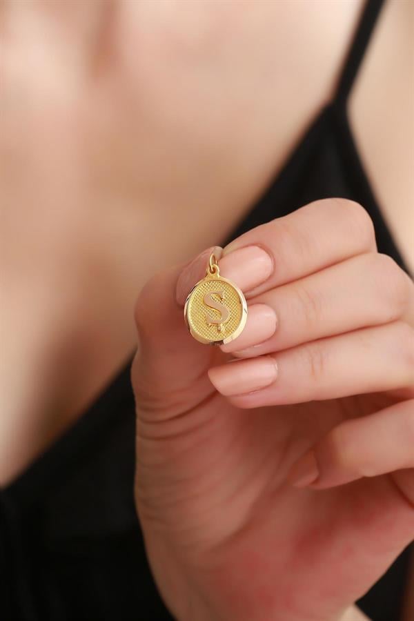 14K Solid Gold Letter S Oval Pendant