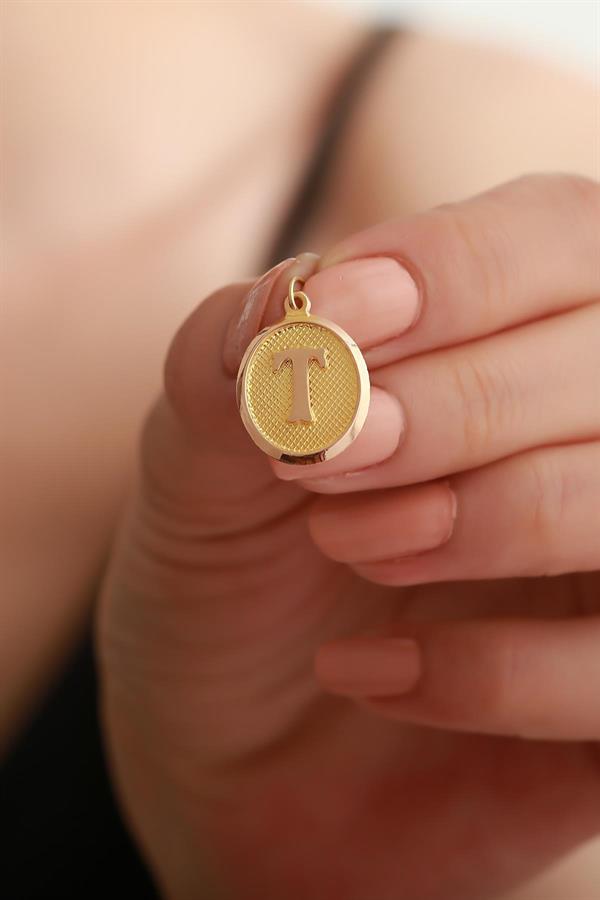 14K Solid Gold T Letter Oval Pendant