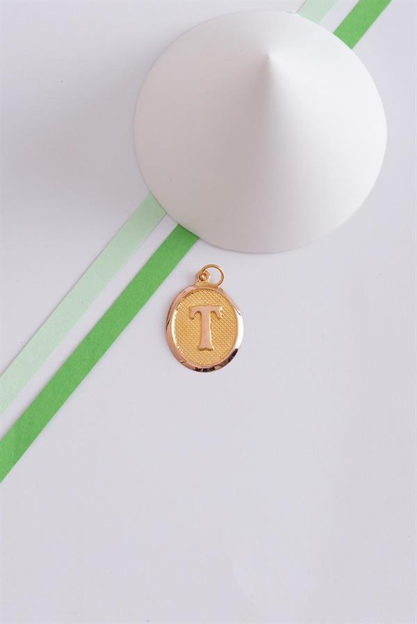 14K Solid Gold T Letter Oval Pendant
