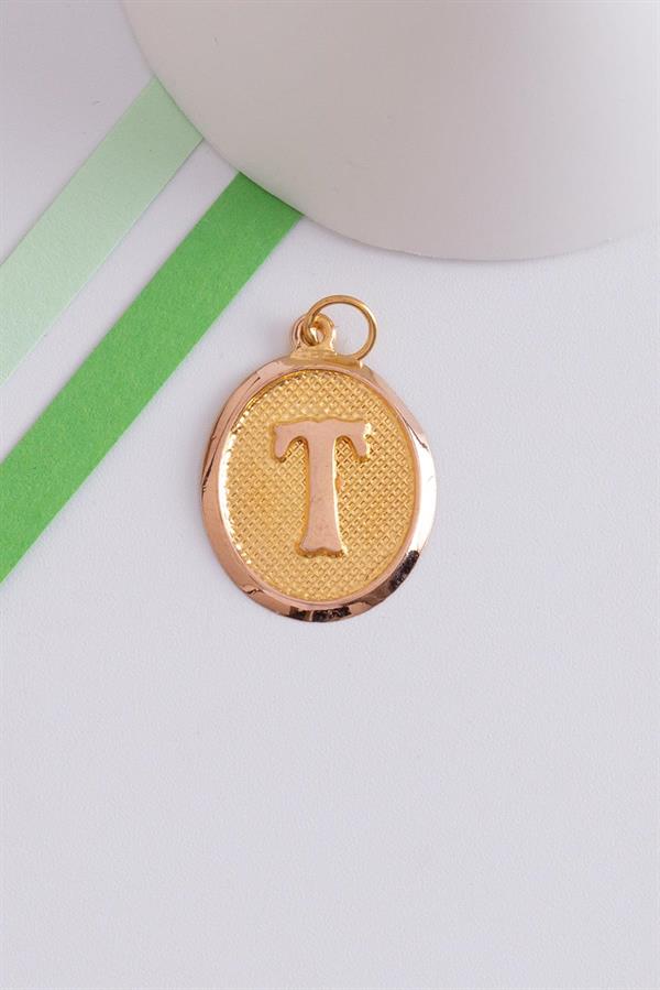 14K Solid Gold T Letter Oval Pendant