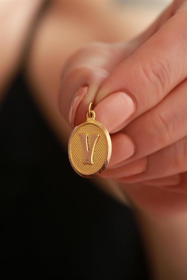 14K Solid Gold V Letter Oval Pendant
