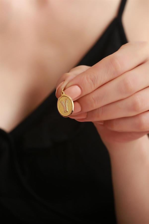 14K Solid Gold V Letter Oval Pendant