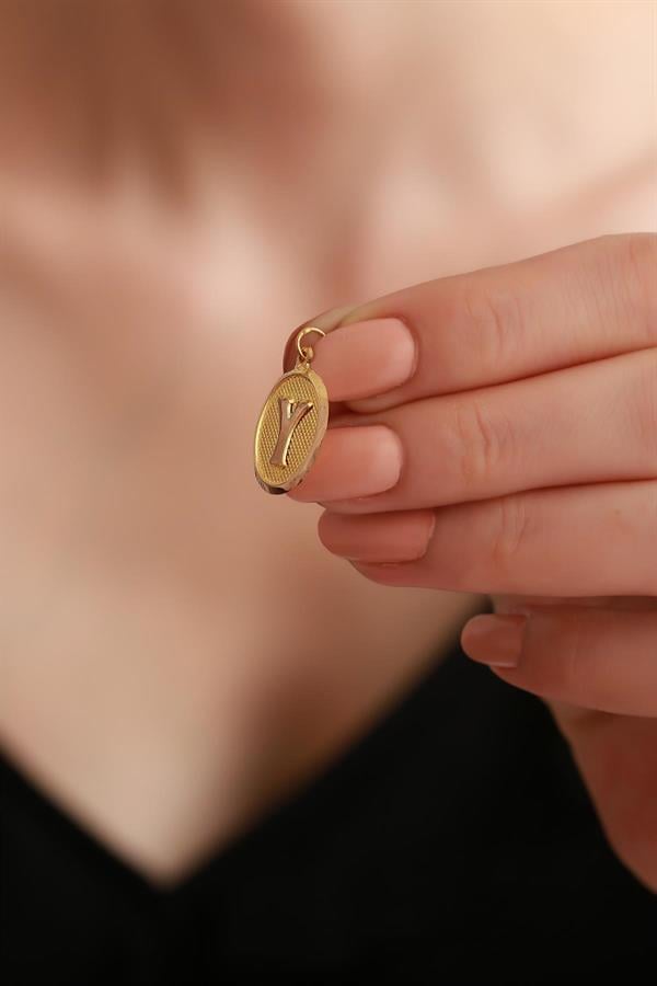 14K Solid Gold Y Letter Oval Pendant