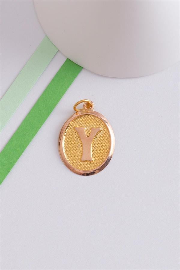 14K Solid Gold Y Letter Oval Pendant