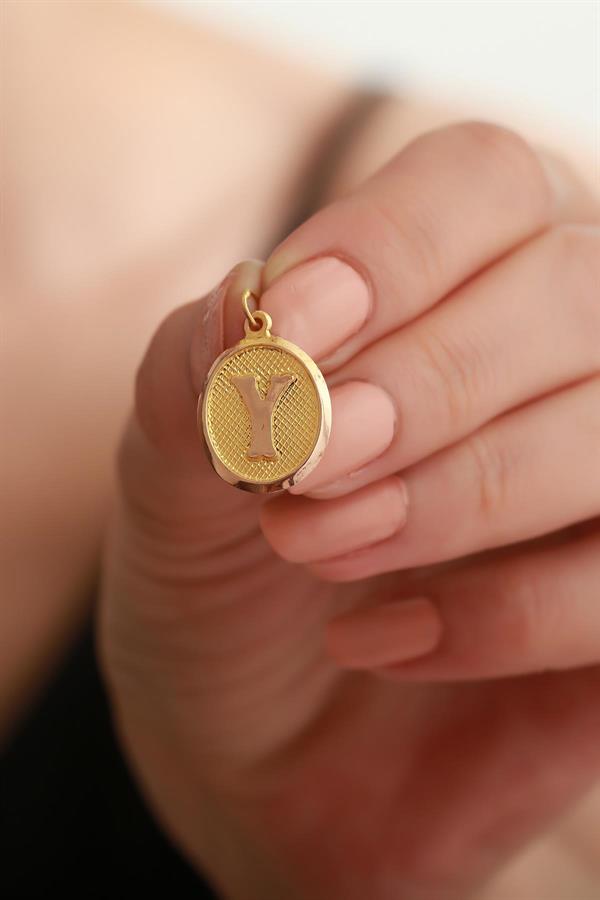 14K Solid Gold Y Letter Oval Pendant