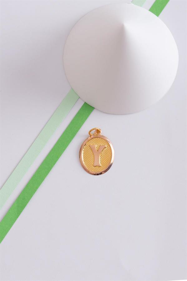 14K Solid Gold Y Letter Oval Pendant
