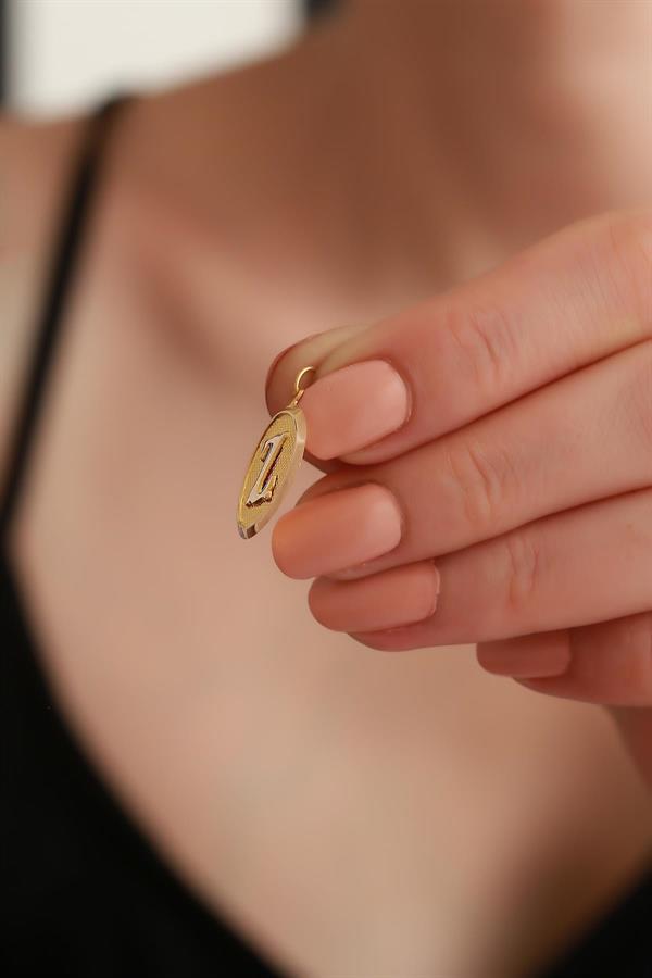 14K Solid Gold Z Letter Oval Pendant