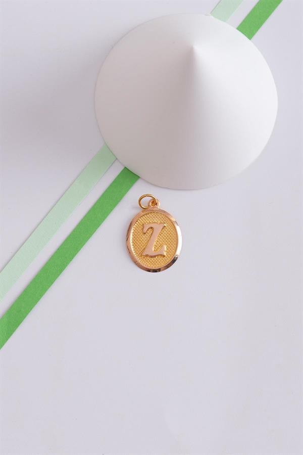 14K Solid Gold Z Letter Oval Pendant