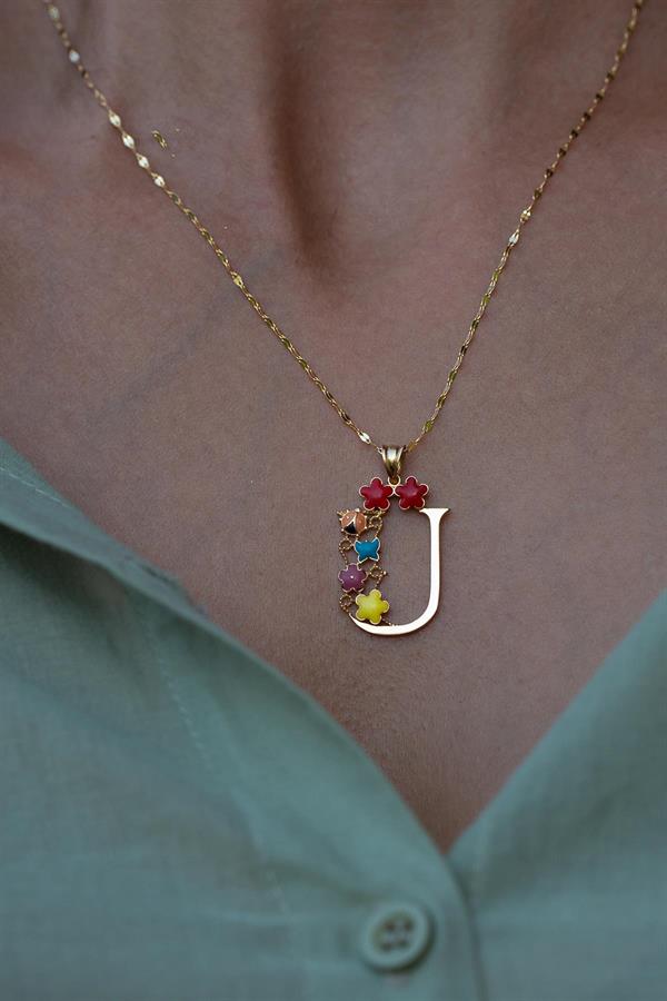 14 Ayar Altın Ü Harf Yarım Çiçekli Kolye