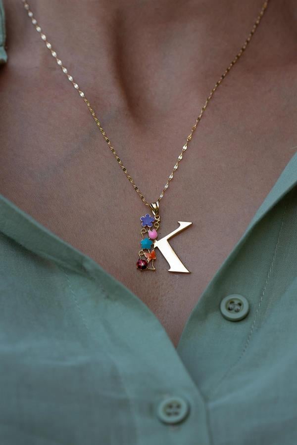 14 Ayar Altın K Harf Yarım Çiçekli Kolye