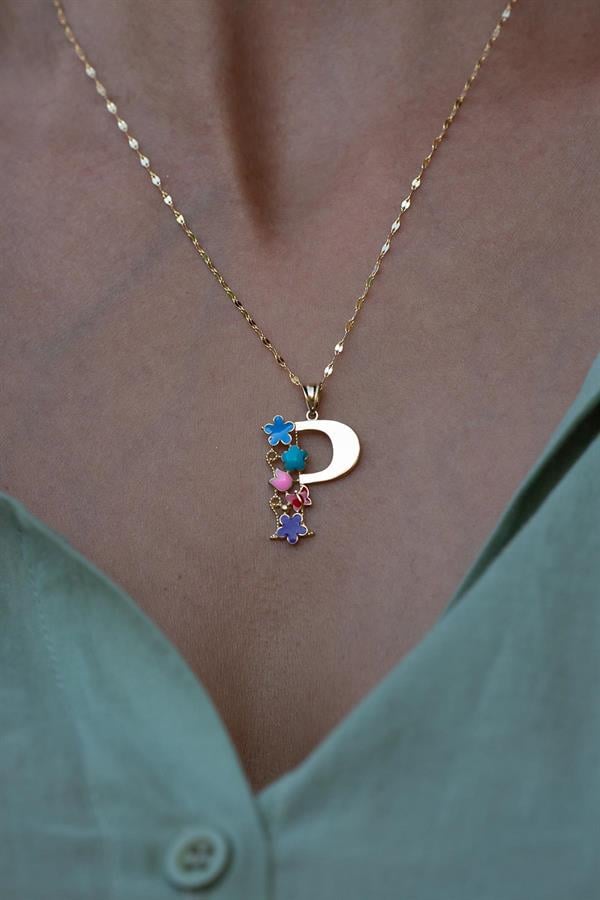 14 Ayar Altın P Harf Yarım Çiçekli Kolye