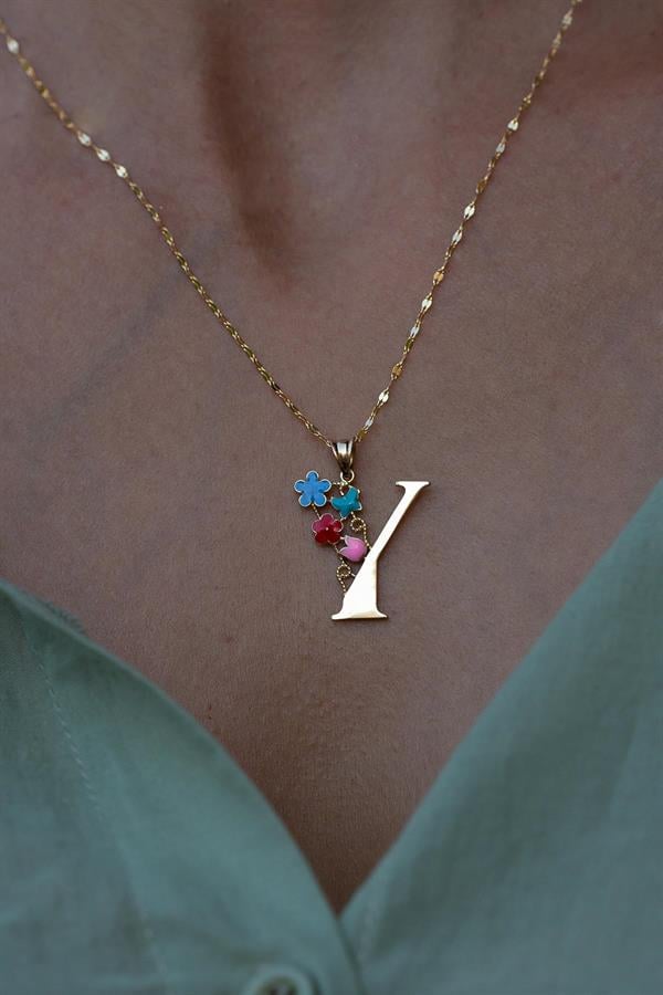 14 Ayar Altın Y Harf Yarım Çiçekli Kolye