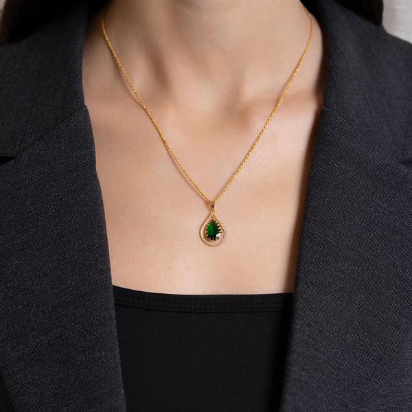 14 Ayar Altın Yeşil Taşlı Damla Çerçeveli Kolye