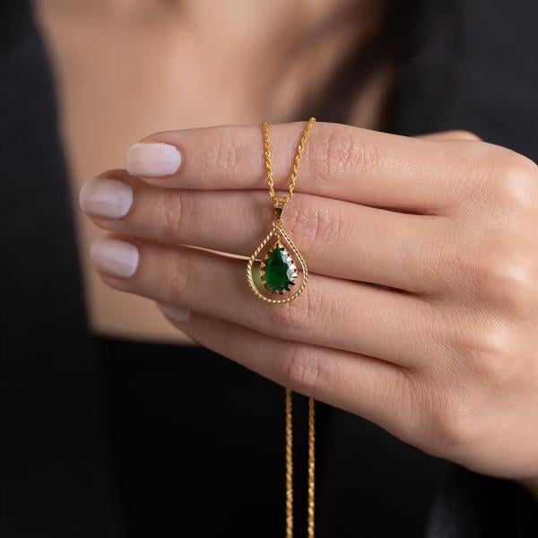 14 Ayar Altın Yeşil Taşlı Damla Çerçeveli Kolye