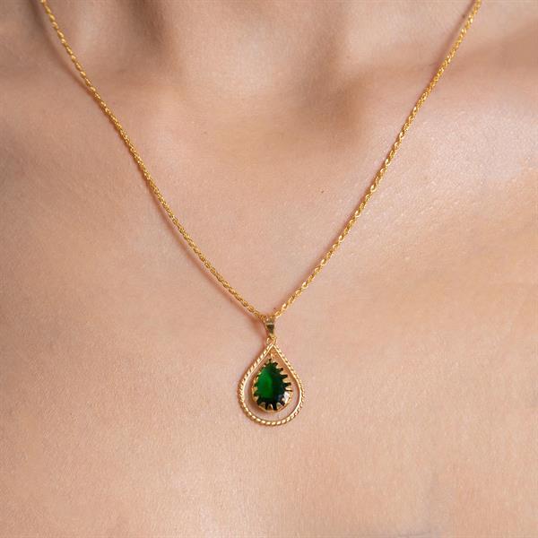 14 Ayar Altın Yeşil Taşlı Damla Çerçeveli Kolye