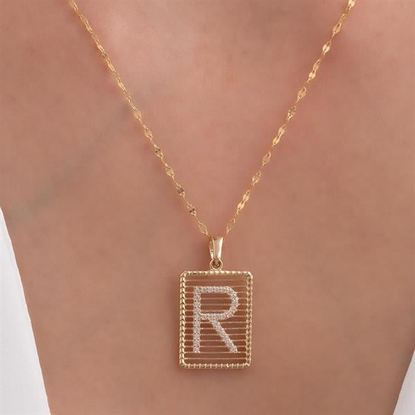 14K Solid Gold R Letter Wire Stone Necklace