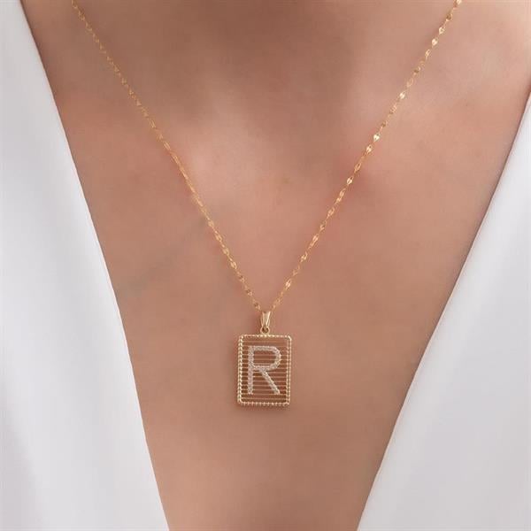14K Solid Gold R Letter Wire Stone Necklace