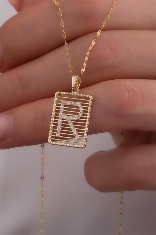 14K Solid Gold R Letter Wire Stone Necklace