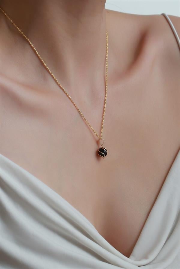 Siyah Akik Taşlı Halat Burgu Kolye