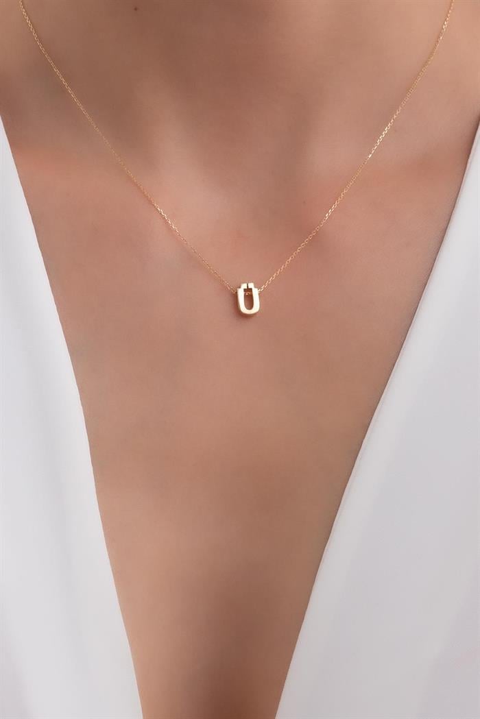 14K Solid Gold 3D Letter U Necklace
