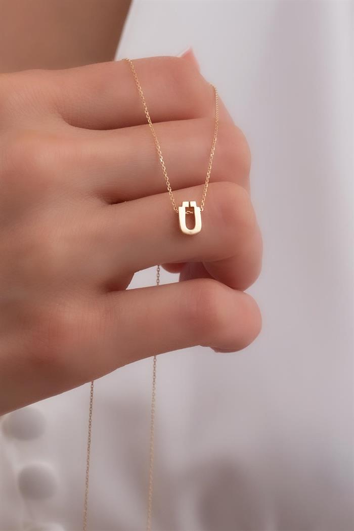 14K Solid Gold 3D Letter U Necklace