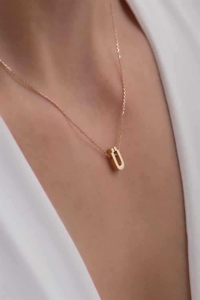 14K Solid Gold 3D Letter U Necklace