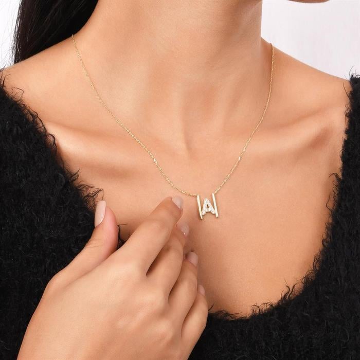  14K Solid Gold Stone Lamelle A Letter Necklace