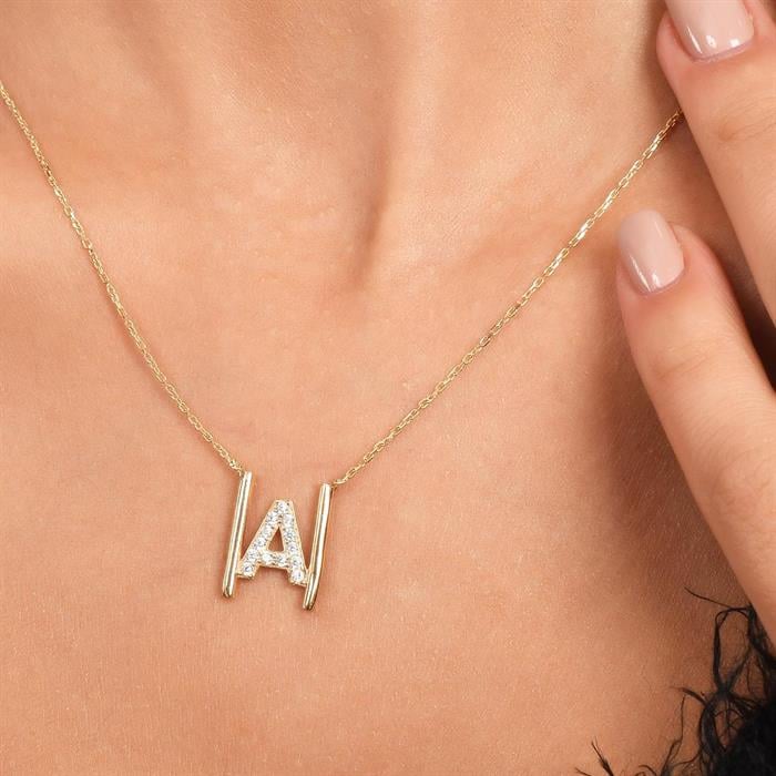  14K Solid Gold Stone Lamelle A Letter Necklace