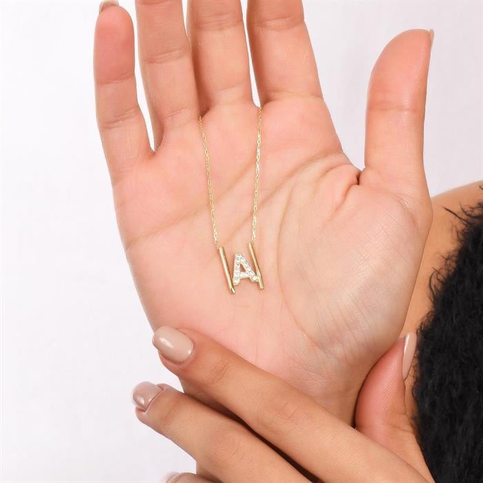  14K Solid Gold Stone Lamelle A Letter Necklace
