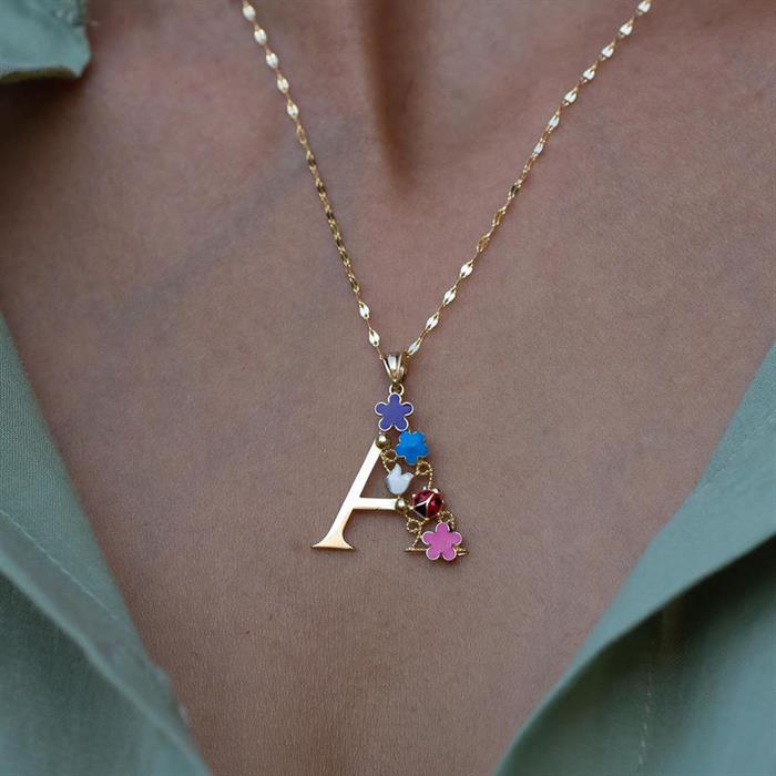 14K Solid Gold Half Plate Flowered Garden of Eden Letter A Necklace