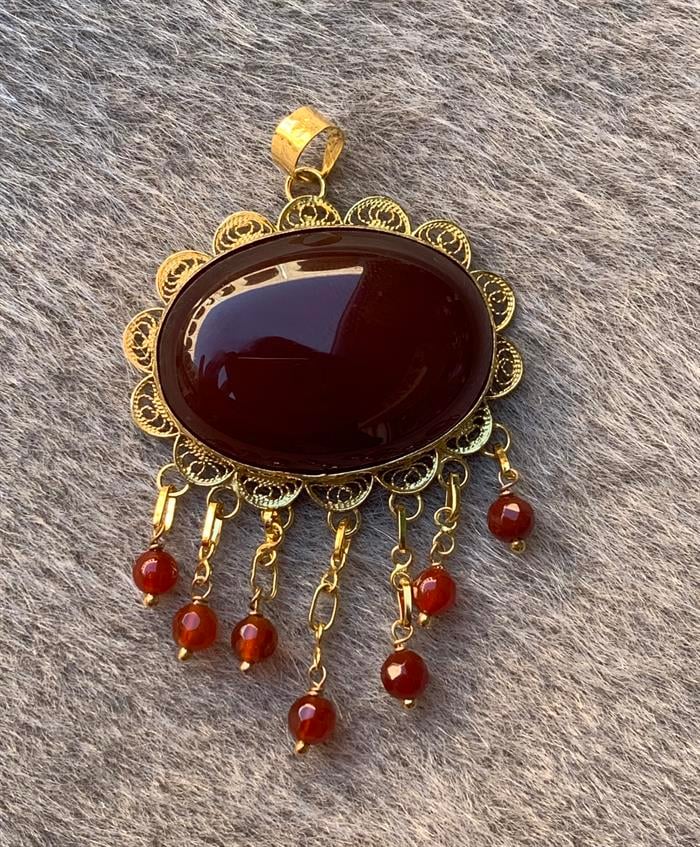 14K Solid Gold Agate Stone Bead Pendant Handcrafted Pendant