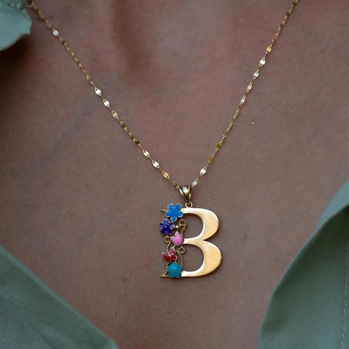 14K Solid Gold Half Plate Floral Garden of Eden Letter B Necklace