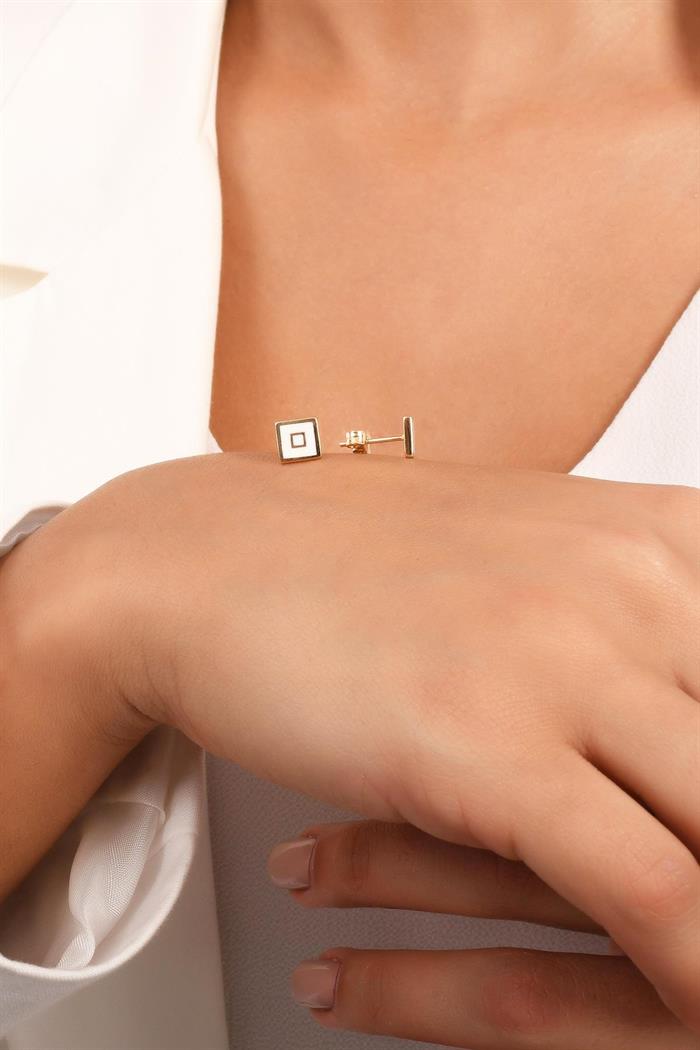  14K Solid Gold White Enamel Square Earrings