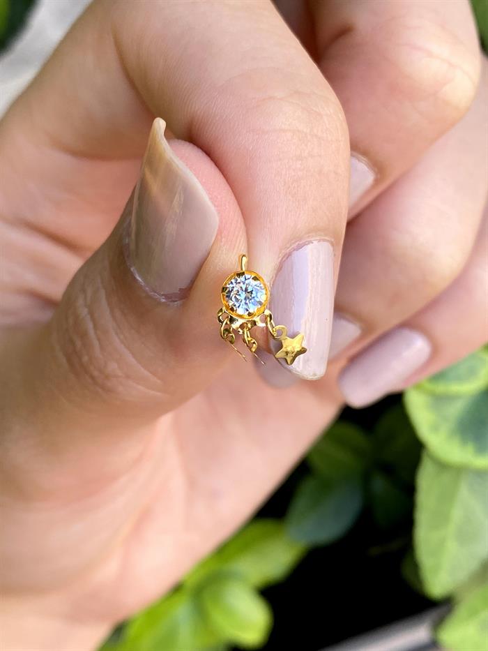 14K Solid Gold White Stone Ring Compression Nose Ring