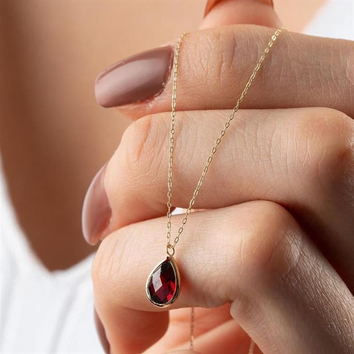 14 Ayar Altın Bordo Taşlı Damla Kolye