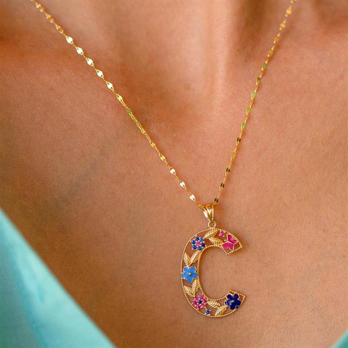14K Solid Gold Floral Garden of Eden Letter C Necklace