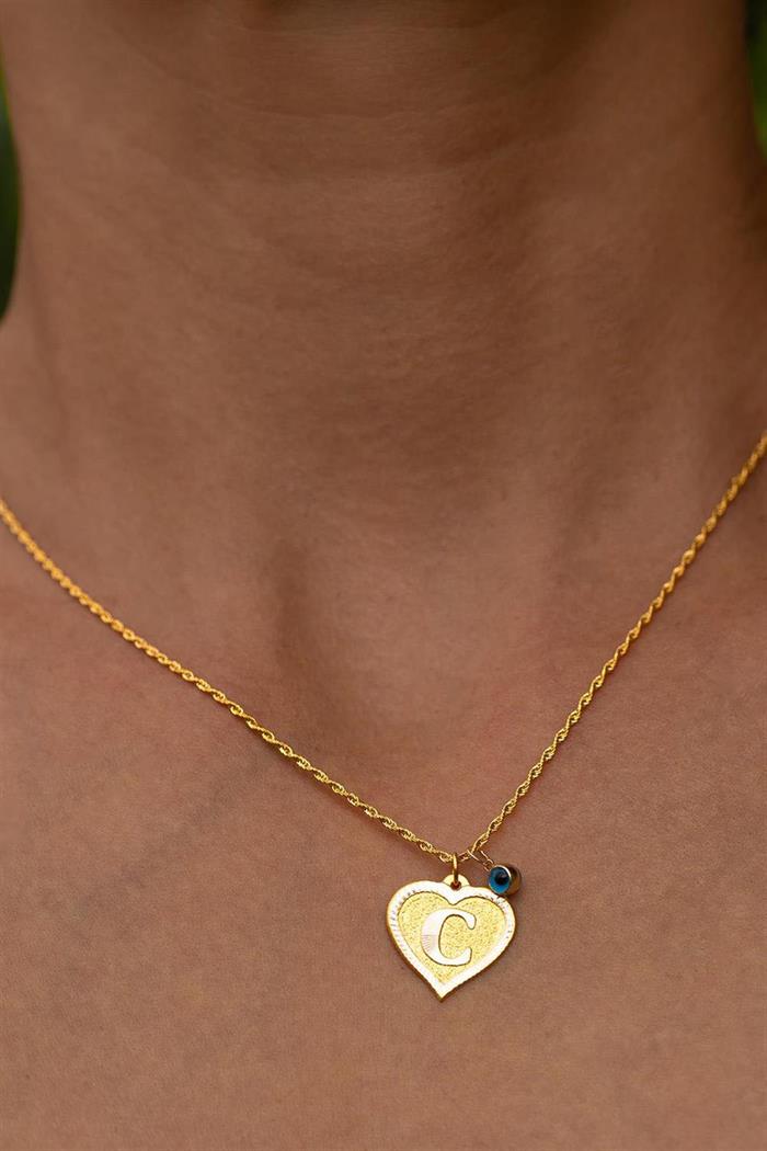 14K Solid Gold Nostalgic Heart Letter C Necklace