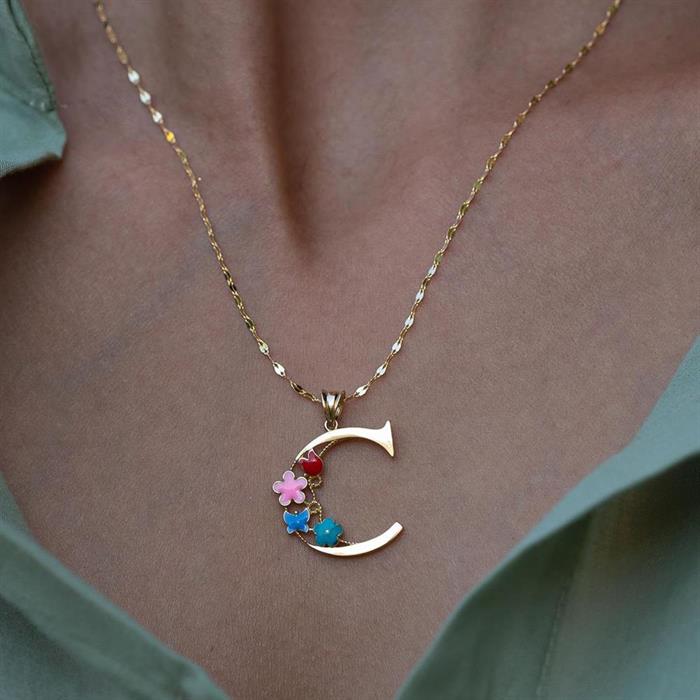 14K Solid Gold Half Plate Flowered Garden of Eden Letter C Necklace