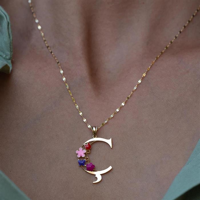 14K Solid Gold Half Plate Floral Garden of Eden Letter O Necklace
