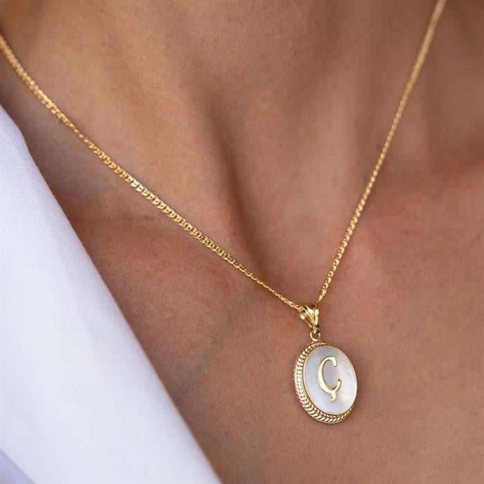 14K Solid Gold Letter O Mother of Pearl Necklace