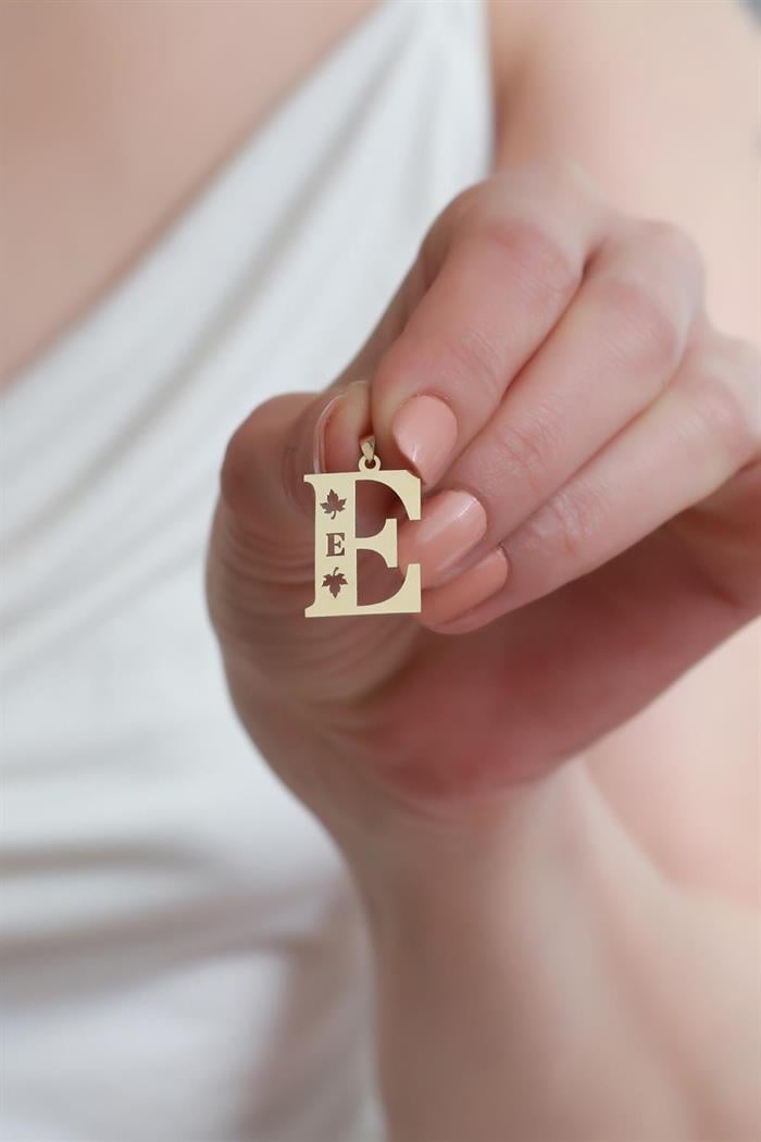 14K Solid Gold Plane Leaf E Letter Pendant