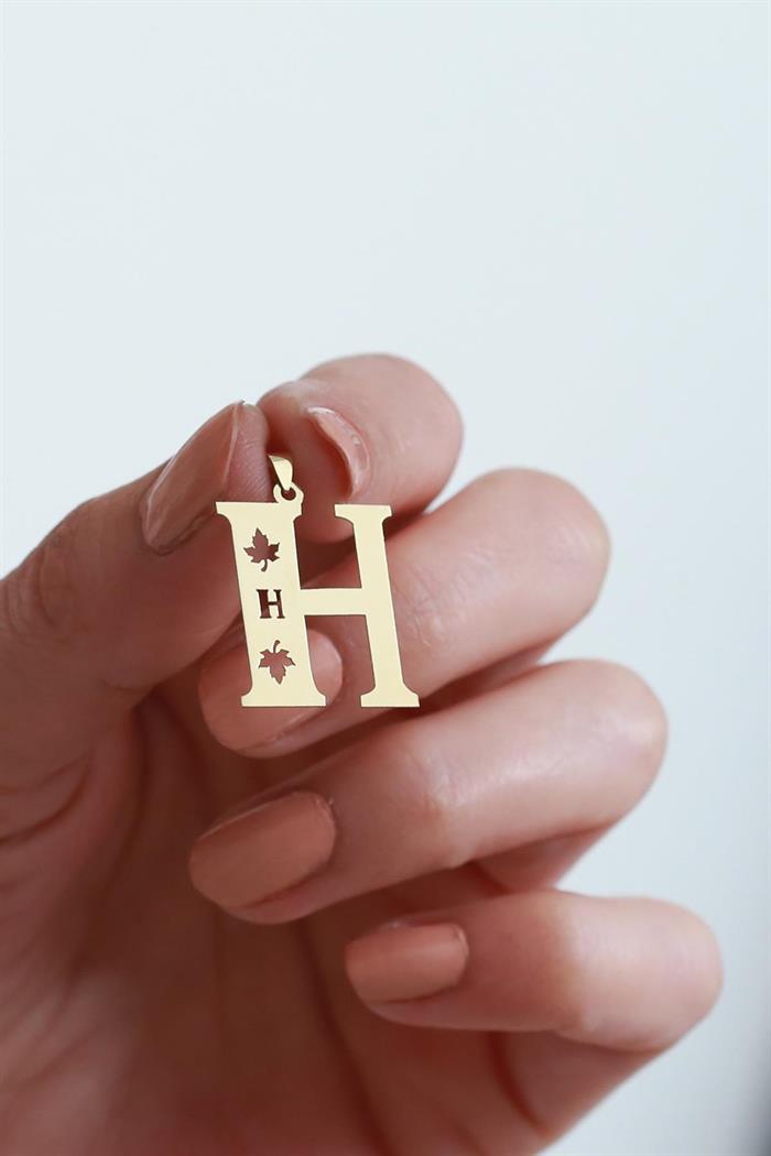 14K Solid Gold Plane Leaf H Letter Pendant