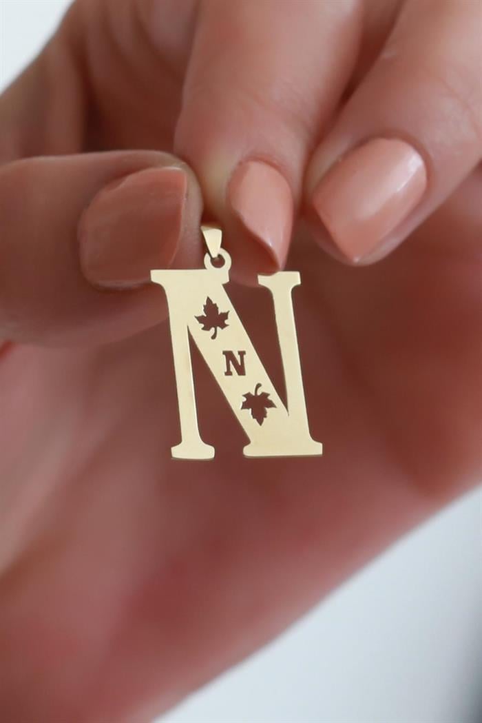 14K Solid Gold Plane Leaf N Letter Pendant