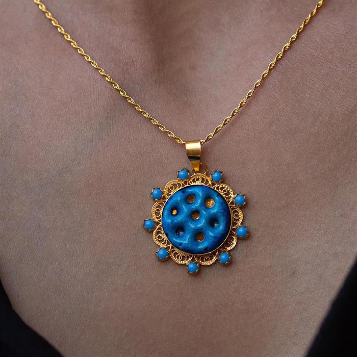14K Solid Gold Assyrian Eye Necklace Multi-Eyed Filigree